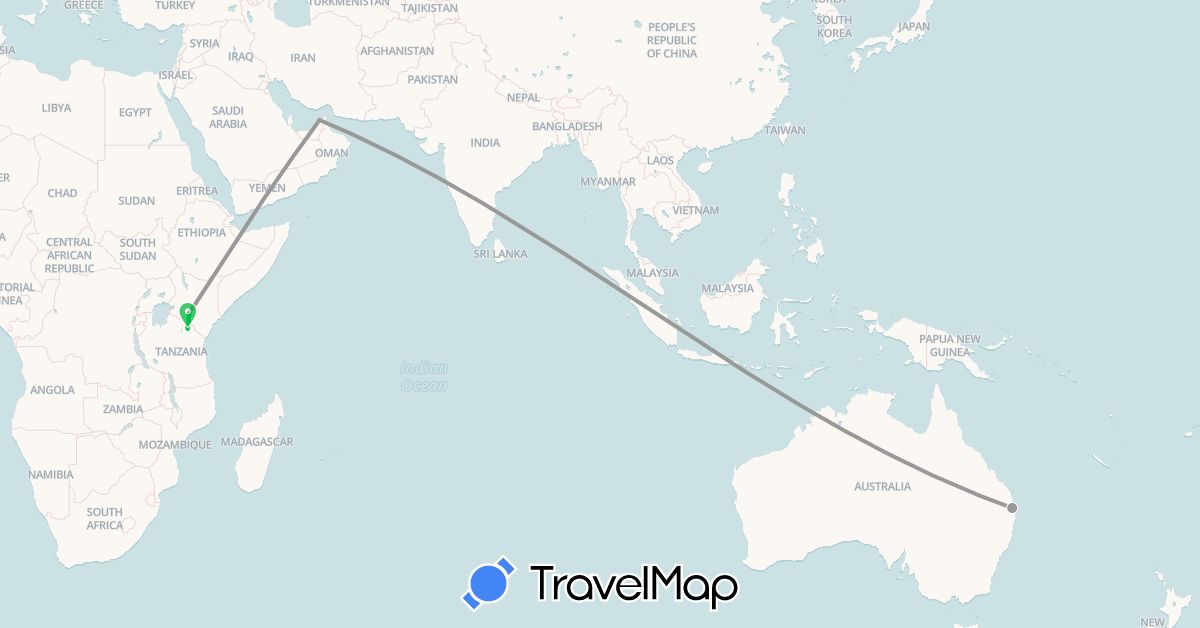TravelMap itinerary: driving, bus, plane in United Arab Emirates, Australia, Kenya, Tanzania (Africa, Asia, Oceania)