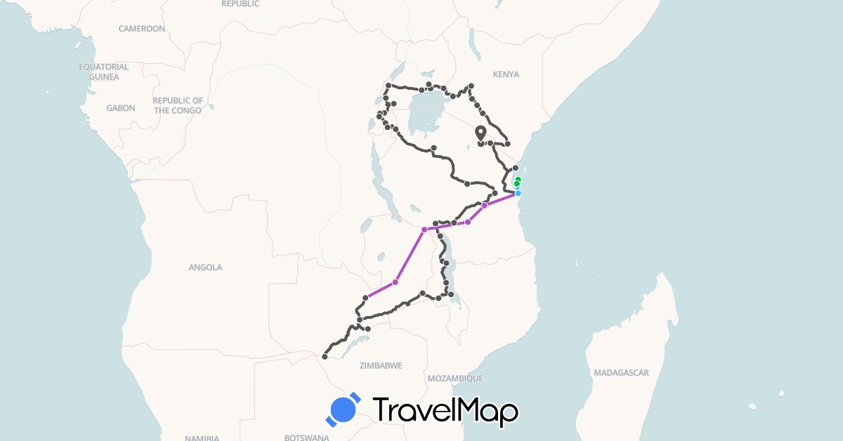 TravelMap itinerary: driving, bus, train, boat, motorbike in Kenya, Rwanda, Tanzania, Uganda, Zambia (Africa)